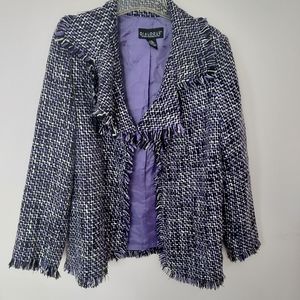 Fun Vintage Dialogue Purple Tweed Plaid Fringed Blazer Jacket Boho Career Church